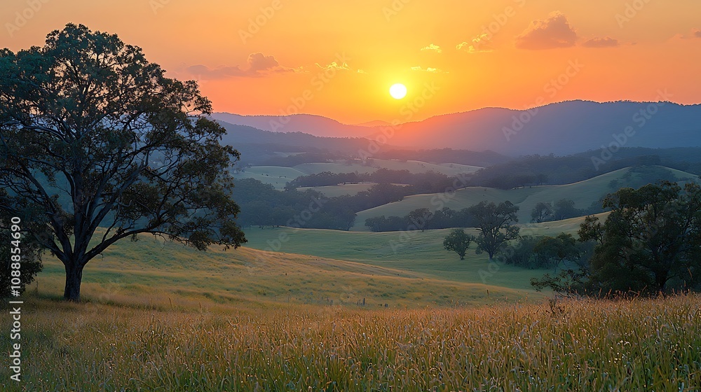 Golden Sunset over Rolling Hills and Lush Grasslands, Serene Landscape with Tranquil Atmosphere at Dusk, Majestic Nature Beauty Golden Sunset over Rolling Hills and Lush Grasslands, Serene Landscape with Tranquil Atmosphere at Dusk, Majestic Nature Beauty