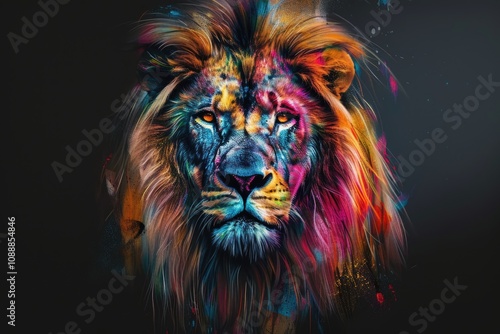 Vibrant and dynamic lion portrait with color splashes on face.