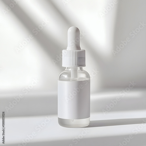 a clean, bright journalistic wide shot of a white label mockup eye drop bottle