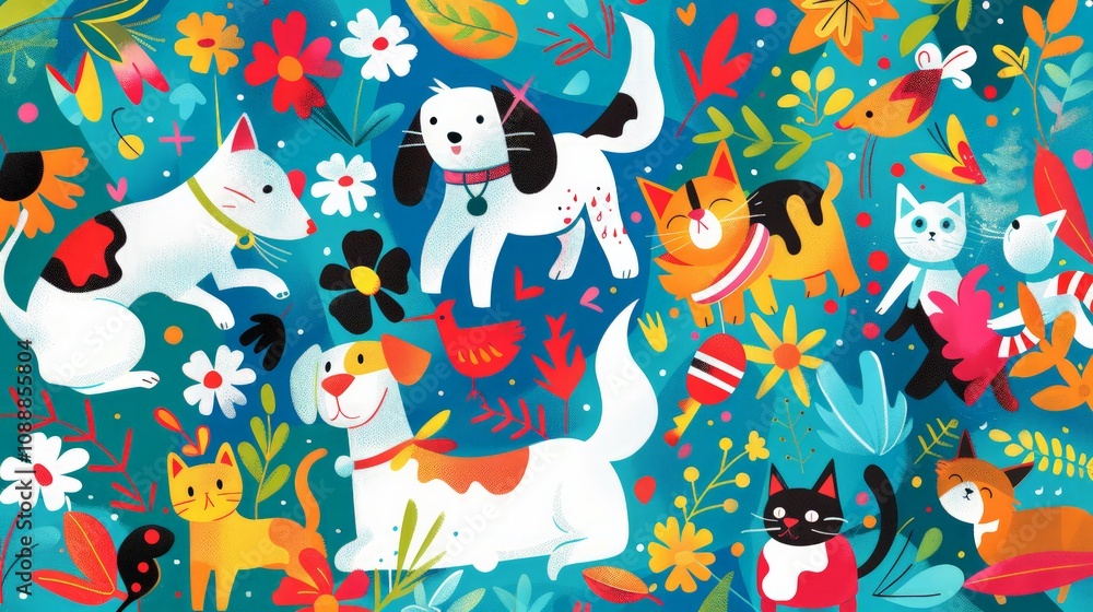 Playful pets frolicking in a colorful garden scene whimsical art vibrant background joyful atmosphere creative concept Playful pets frolicking in a colorful garden scene whimsical art vibrant background joyful atmosphere creative concept