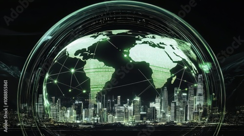 Digital global map inside a protective energy dome hovering above a futuristic cityscape represents secure worldwide connectivity for technology concepts.