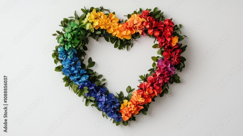 A colorful heart-shaped arrangement of flowers and leaves against a white background, symbolizing love and diversity. A colorful heart-shaped arrangement of flowers and leaves against a white background, symbolizing love and diversity.