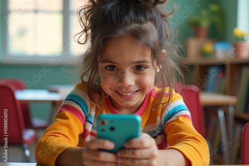 Happy latin hispanic girl school student using smartphone in classroom