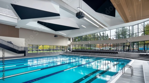 Olympic sized indoor swimming pool. Interior swimming pool, stadium, college, event. Brightly lit, fresh water. 