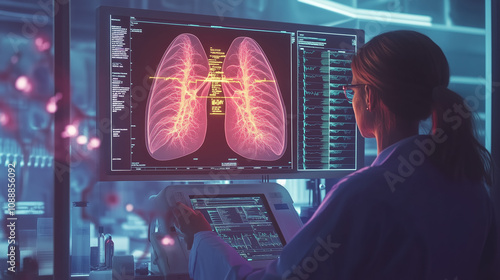 Doctor Analyzing Patient's Lung Scan Using Advanced AI Algorithm for Early Cancer Detection in Modern Medical Setting photo