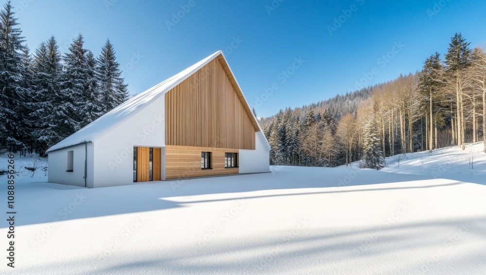 Modern house in snow with air-source heat pump outside Modern house in snow with air-source heat pump outside