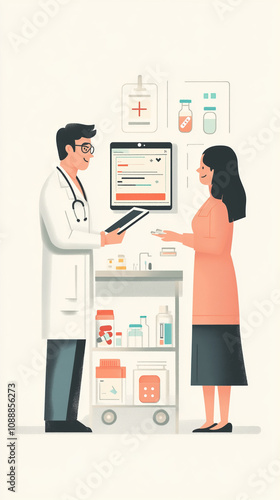 2D illustration of Doctor and Patient Using Online Prescription Management App with Digital Prescription Icon photo