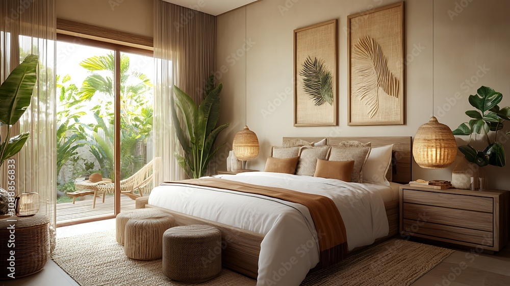 Fototapeta premium Beautiful Colored Mockup Bedroom Interior Blank Poster Decoration Art Background Image, generative AI