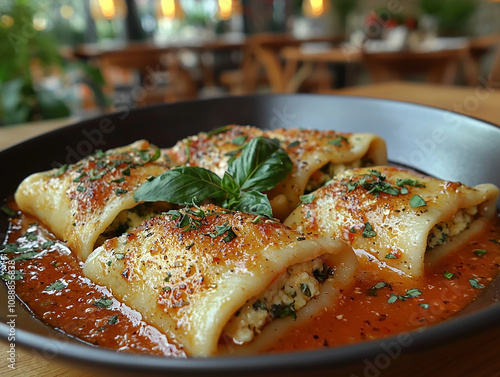 Close-up of four ricotta and spinach cannelloni served in a red tomato sauce with a sprig of basil on top. photo