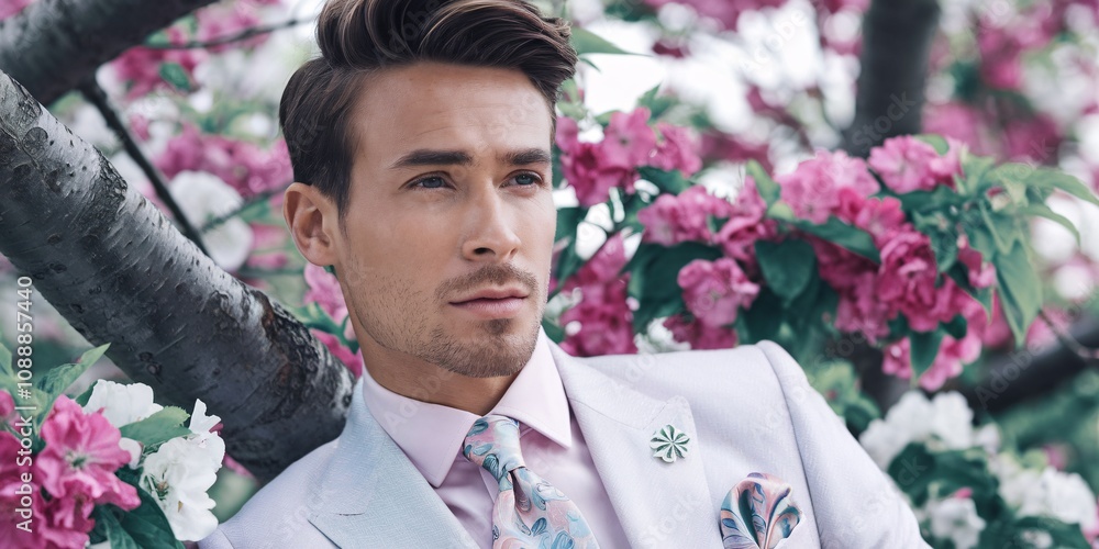 Dapper in Bloom: A Young Man in Spring. A handsome young man in a light pink suit stands amidst vibrant pink and white spring blossoms. His gaze is direct, conveying confidence and charm. Dapper in Bloom: A Young Man in Spring. A handsome young man in a light pink suit stands amidst vibrant pink and white spring blossoms. His gaze is direct, conveying confidence and charm.