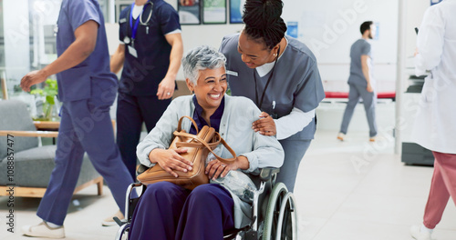 Excited, doctor and woman in wheelchair for recovery, healing or surgery success in hospital. Happy people, senior patient or nurse in lobby for discharge, cancer free or rehabilitation in healthcare