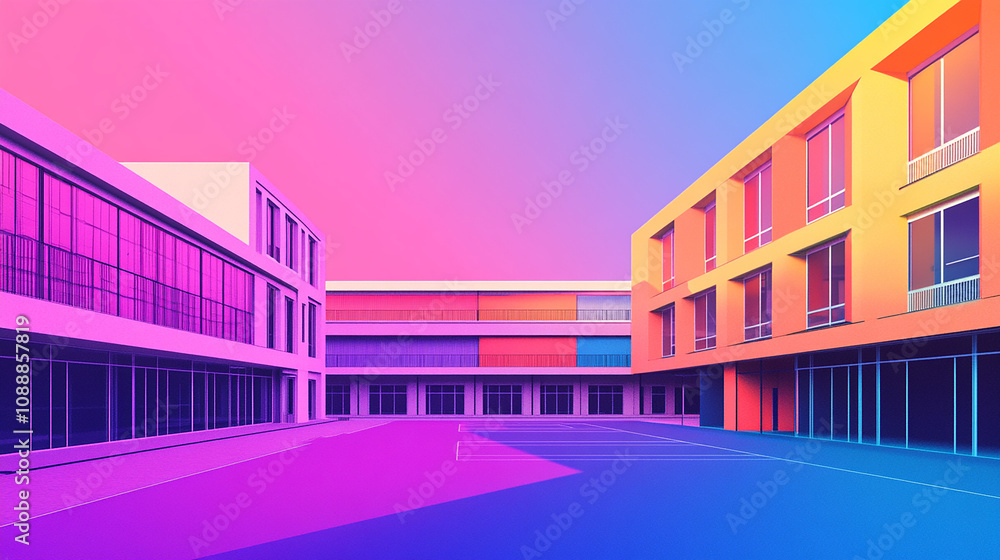 Obraz premium Colorful modern buildings with a bright pink, orange, and blue sky.