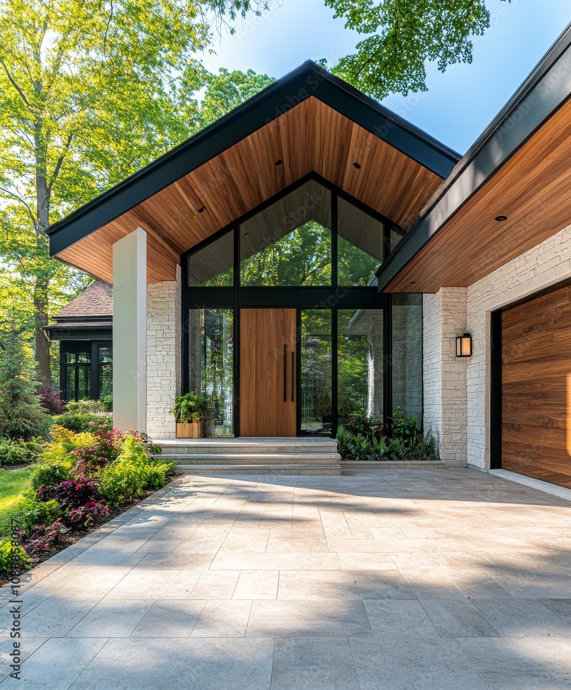 Modern House Entrance with Glass Door and Stone Path Modern House Entrance with Glass Door and Stone Path