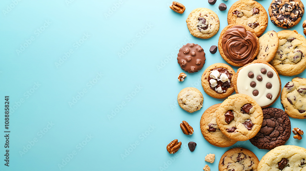 Delightful assortment of cookies on blue background, featuring chocolate, nuts, and cream. Perfect for dessert lovers and sweet treats enthusiasts Delightful assortment of cookies on blue background, featuring chocolate, nuts, and cream. Perfect for dessert lovers and sweet treats enthusiasts