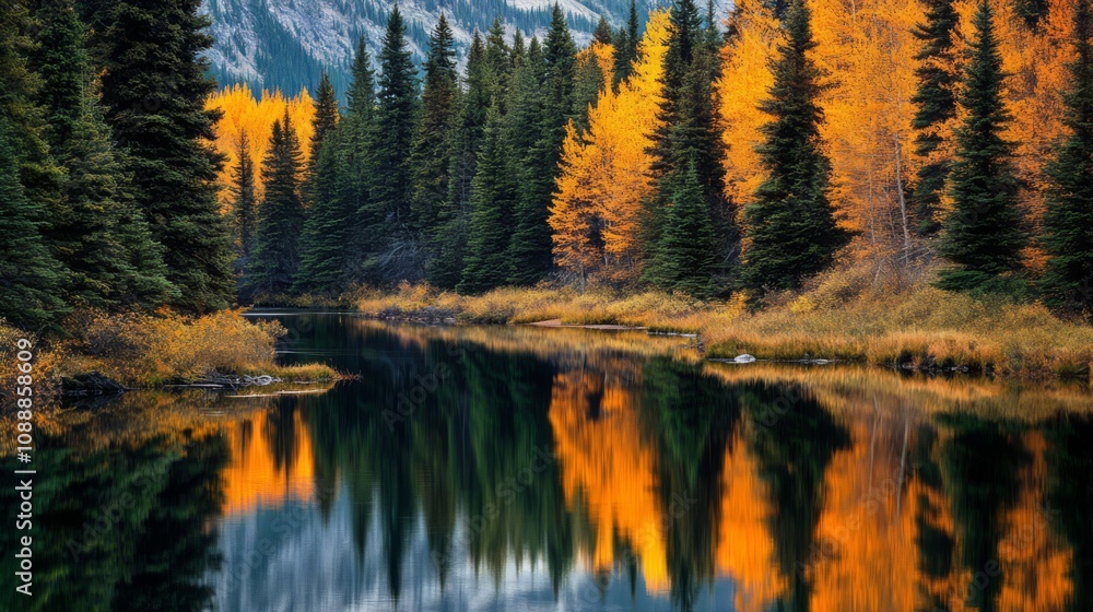 Fototapeta premium Autumnal forest reflecting in calm lake.