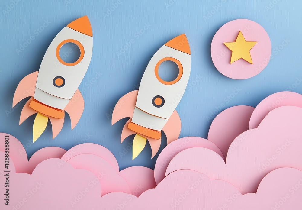 Colorful rocket ships in a whimsical paper-craft scene, soaring through pink clouds towards a moon and star, creating a playful, imaginative atmosphere. Colorful rocket ships in a whimsical paper-craft scene, soaring through pink clouds towards a moon and star, creating a playful, imaginative atmosphere.