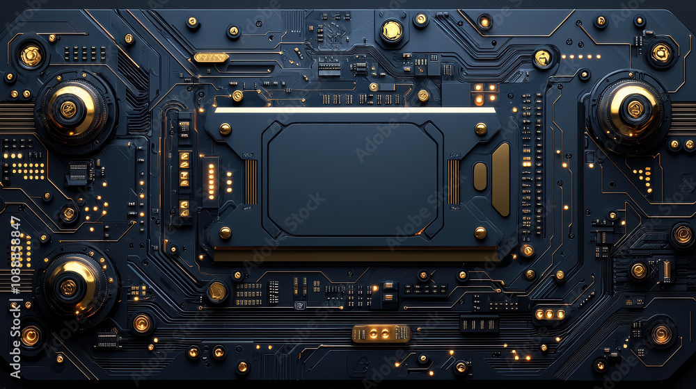 Modern abstract tech design featuring luminous golden circuits and intricate patterns. This visually striking image showcases futuristic circuit board with dark background, emphasizing glowing Modern abstract tech design featuring luminous golden circuits and intricate patterns. This visually striking image showcases futuristic circuit board with dark background, emphasizing glowing