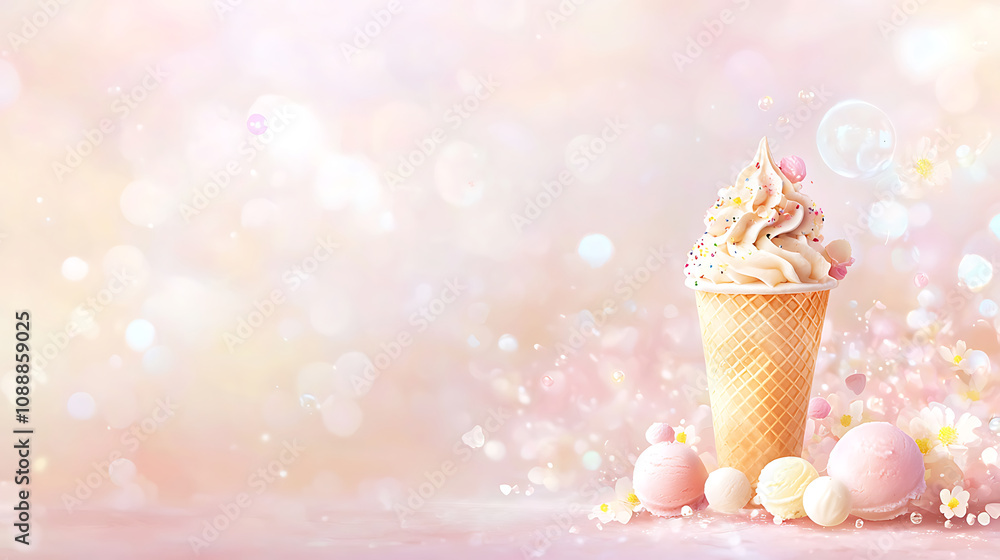 Delightful ice cream cone with soft serve and pastel toppings, surrounded by colorful ice cream scoops and dreamy background Delightful ice cream cone with soft serve and pastel toppings, surrounded by colorful ice cream scoops and dreamy background