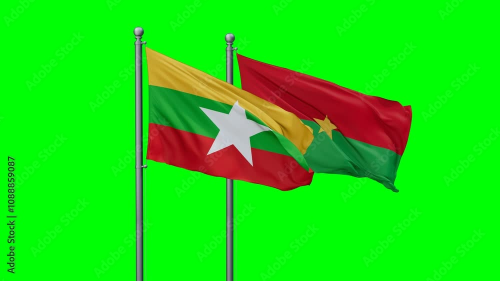 Burkina Faso and Myanmar flags flying together, video concept of the relationship with colored chroma key for easy background remove Burkina Faso and Myanmar flags flying together, video concept of the relationship with colored chroma key for easy background remove