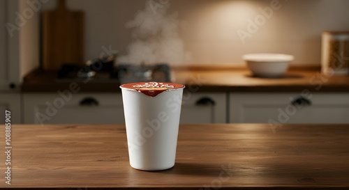 A blank instant noodle cup packaging mock-up, placed in a cozy kitchen setting with steam rising 3d illustration template image.