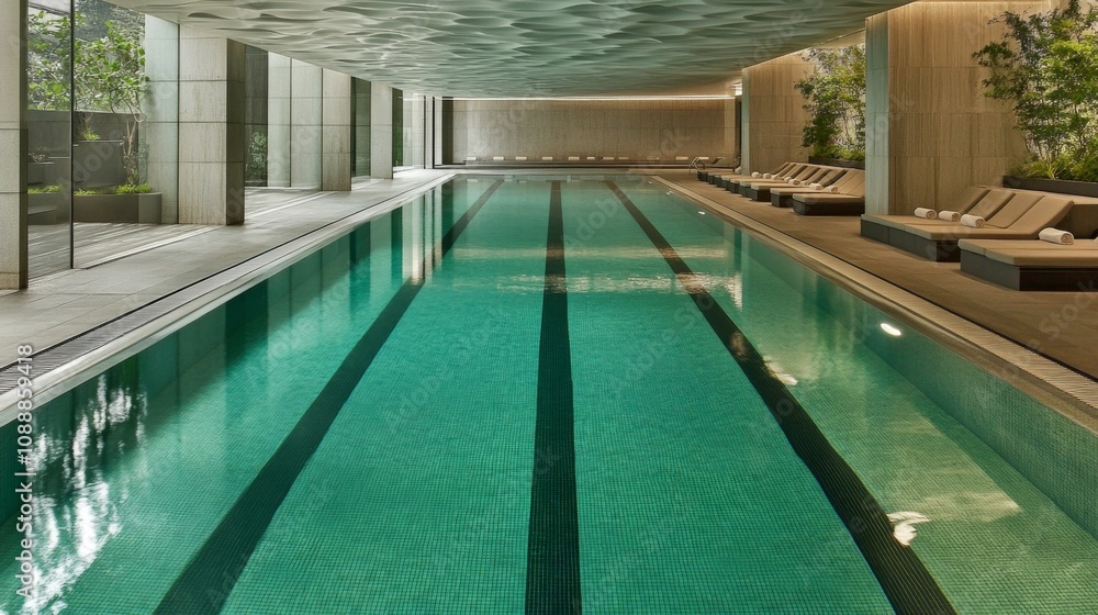 Obraz premium Luxury indoor swimming pool. Interior swimming pool, resort, hotel, home, event. Brightly lit, fresh water. 