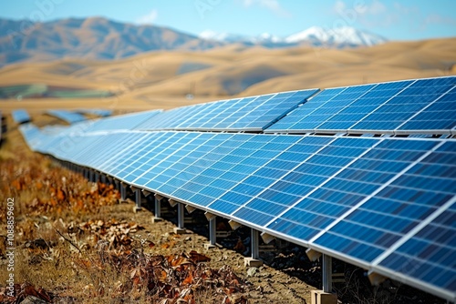 close up shot of a large solar farm with rows of solar panels soaking up sunlight in a vast open field, leaves windy weather  photo