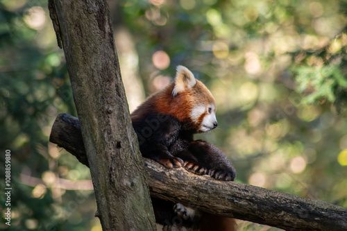 A red panda, an endangered species, rests on tree logs in a natural reserve, surrounded by lush vegetation, highlighting conservation efforts photo