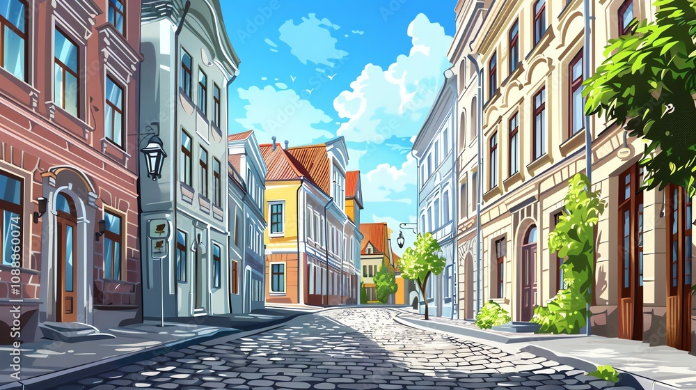 Fototapeta premium A cartoon illustration of a European street with colorful buildings and a cobblestone road.