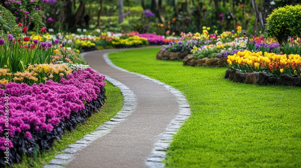 Serene Garden Pathway with Colorful Flowers Serene Garden Pathway with Colorful Flowers