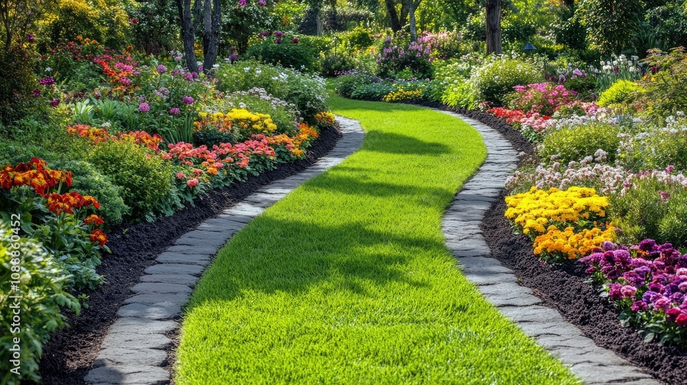 Obraz premium Serene Garden Pathway in Full Bloom