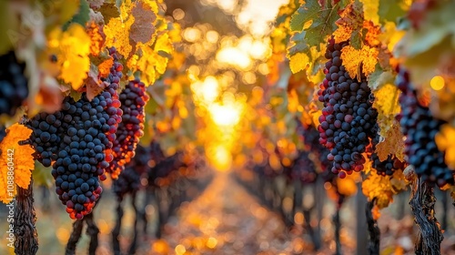 Lush Vineyard Under Golden Sunset with Ripe Grapes Hanging Amidst Colorful Leaves in a Picturesque Rural Landscape