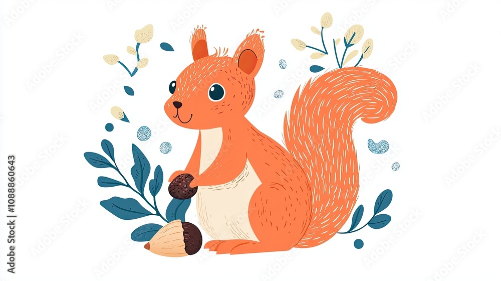Fototapeta premium Adorable Red Squirrel Holding Acorns Surrounded By Floral Designs