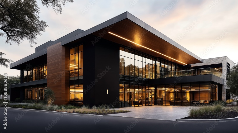 Modern two-story commercial building with large glass windows and sleek architectural design, surrounded by landscaped greenery and parked cars visible in the foreground. Modern two-story commercial building with large glass windows and sleek architectural design, surrounded by landscaped greenery and parked cars visible in the foreground.