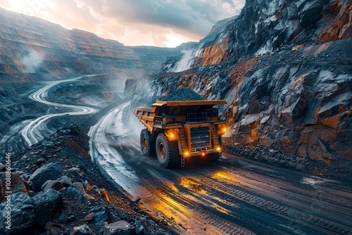 Close-up of large excavators or wheel loaders moving extracted material in an open-pit mine. photo