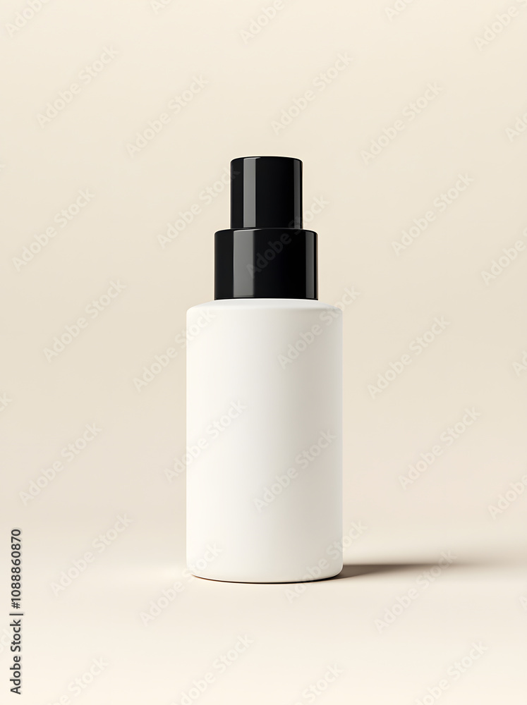 white matte cosmetic bottle with a black cap, isolated on a light background, in a frontal view white matte cosmetic bottle with a black cap, isolated on a light background, in a frontal view