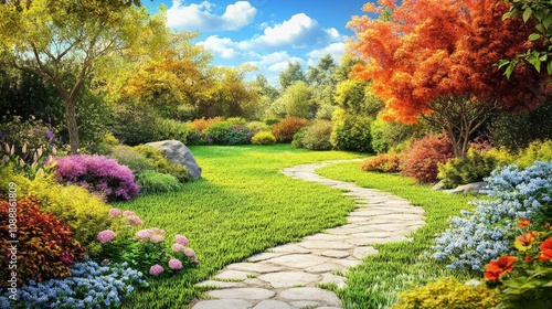 Serene Garden Path with Vibrant Floral Accents