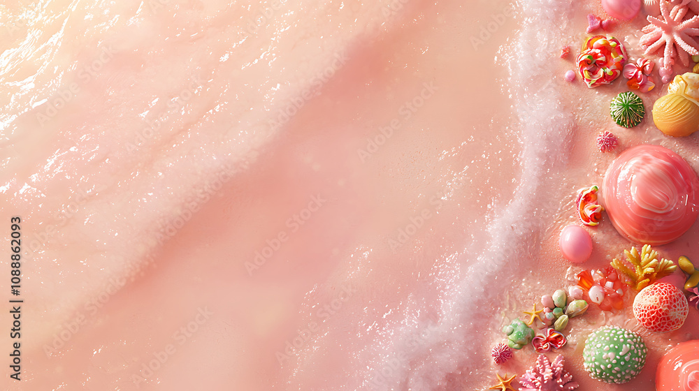 Fototapeta premium serene coral beach scene featuring soft pink sand and colorful seashells, evoking tranquil and picturesque coastal atmosphere