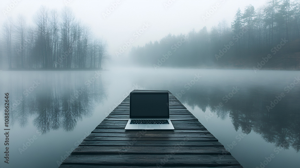 Laptop on a narrow pier extending into a misty lake peaceful and isolated workspace Copy space Laptop on a narrow pier extending into a misty lake peaceful and isolated workspace Copy space