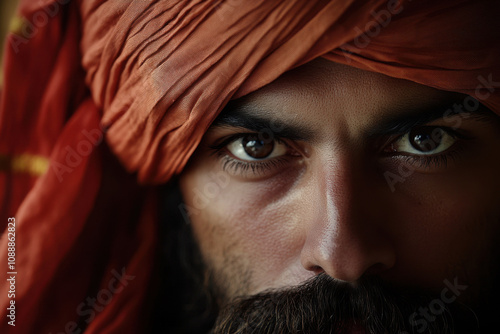 Close-up portrait of a man with piercing eyes, wearing a traditional orange turban and a thick beard, creating an intense and captivating gaze.