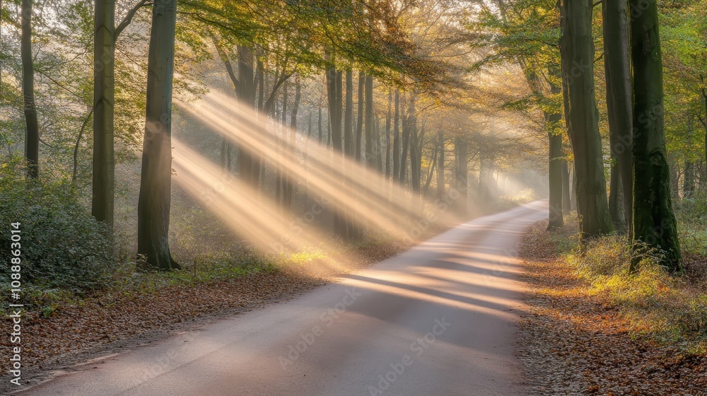 Fototapeta premium Sunbeams illuminate autumnal road.