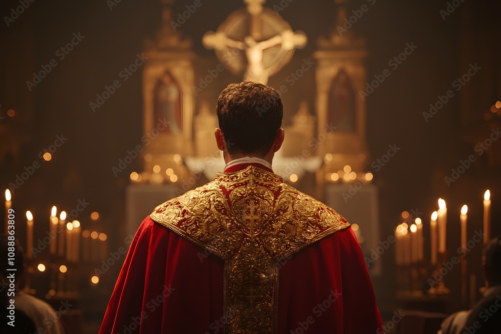Obraz premium Catholic Priest Leading a Solemn Mass in Ornate Vestments – A Reverent and Sacred Moment of Worship and Tradition