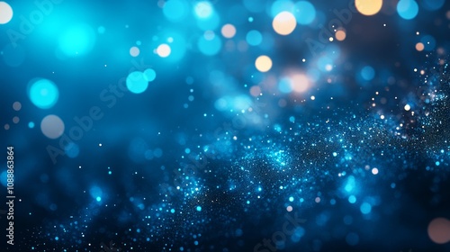 Abstract blue bokeh background with glowing particles and light effects.