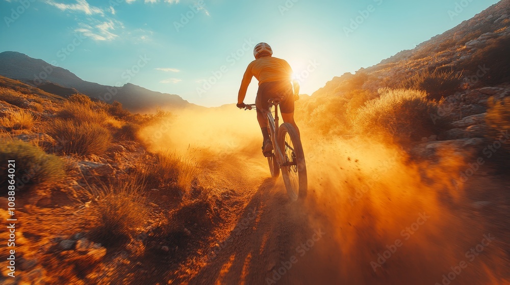 Cyclist Racing on Mountain Trail at Sunset Cyclist Racing on Mountain Trail at Sunset