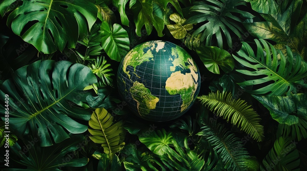 A beautiful, green globe resting in a sea of vibrant jungle leaves, showcasing nature abundance and biodiversity. Ideal for environmental advocacy and nature-related imagery A beautiful, green globe resting in a sea of vibrant jungle leaves, showcasing nature abundance and biodiversity. Ideal for environmental advocacy and nature-related imagery