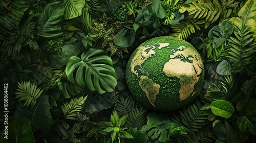 A beautiful, green globe resting in a sea of vibrant jungle leaves, showcasing nature abundance and biodiversity. Ideal for environmental advocacy and nature-related imagery