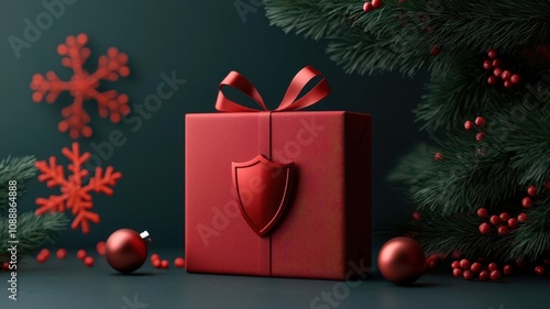 Gift box opening to reveal glowing shields and keys, surrounded by festive snowflakes made of binary code, 3D illustration