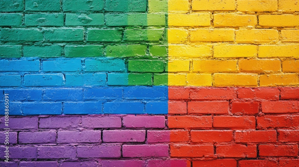 Fototapeta premium A bright and bold rainbow stripe pattern on an outdoor brick wall for Pride Month, symbolizing unity, acceptance, and love. Perfect for banners and promotional material