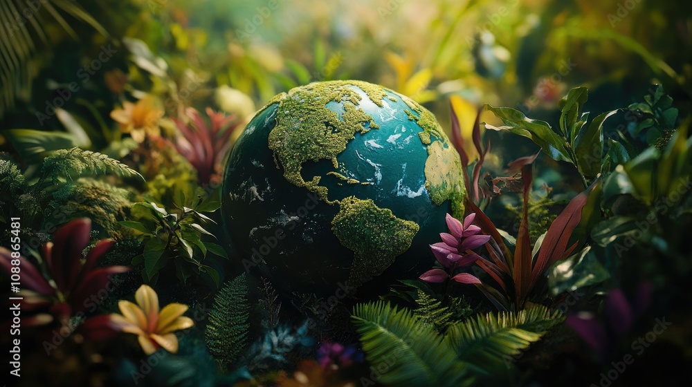 A close-up of a lush green globe surrounded by colorful jungle foliage, evoking the beauty of nature and the importance of environmental sustainability A close-up of a lush green globe surrounded by colorful jungle foliage, evoking the beauty of nature and the importance of environmental sustainability