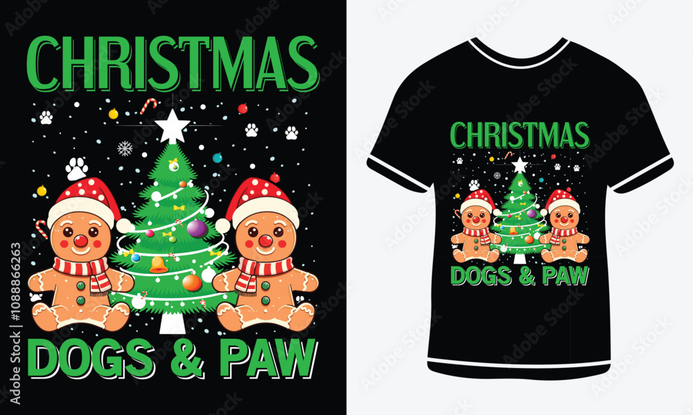 Fototapeta premium Christmas Dogs and paw T shirt, Merry Christmas, funny Xmas shirt design, Santa Claus funny quotes typography design, Christmas t shirt print template.