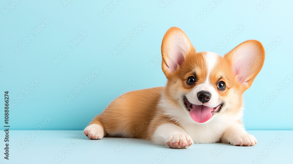 playful puppy with large ears lies on light blue background, showcasing its joyful expression. This adorable corgi exudes happiness and charm playful puppy with large ears lies on light blue background, showcasing its joyful expression. This adorable corgi exudes happiness and charm
